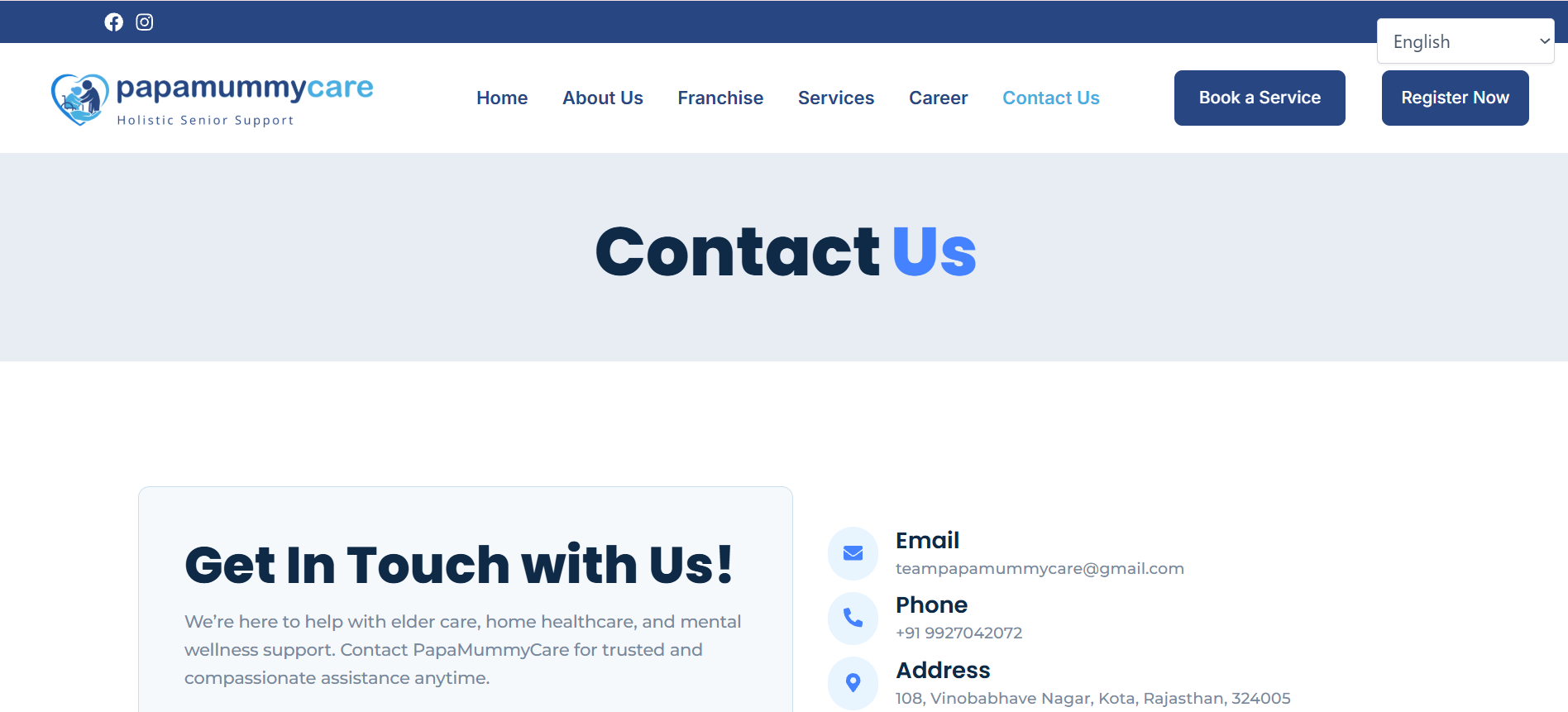 PapaMummyCare website contact page screenshot